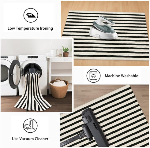 Striped Outdoor Front Door Mat 24"x51", Washable Black and White Rug Runner, Reversible Foldable Doormat