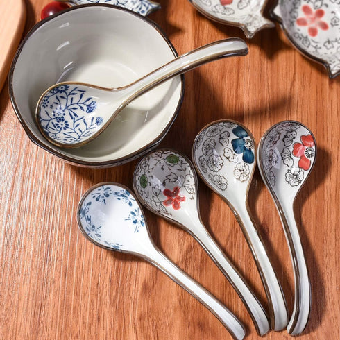 Large Hand-Painted Japanese and Korean Ceramic Soup Spoon Set of 5, Long Handle Rice Spoons