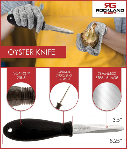 Rockland Guard Professional Oyster Shucking Knife Set - 3.5" Stainless Steel Shucker, Non-Slip Handle & Gloves