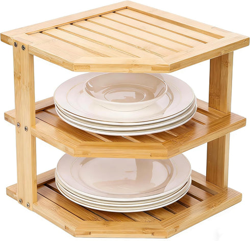Plate Organizer for Cabinet and Kitchen Countertop, 3-Tier Bamboo Corner Shelf -
