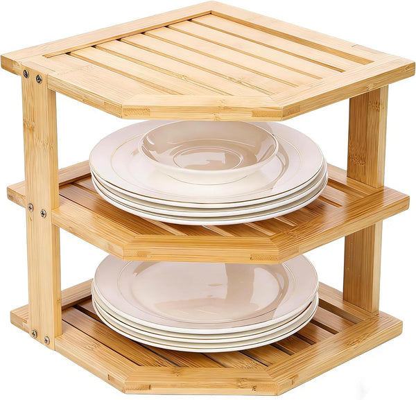Plate Organizer for Cabinet and Kitchen Countertop, 3-Tier Bamboo Corner Shelf -