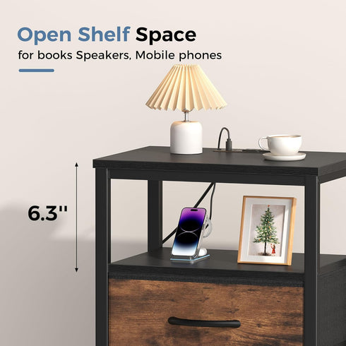 OLIXIS Nightstand with Charging Station, Bedside Tables with USB Ports and Fabric Drawer, Small Night Stand with Open