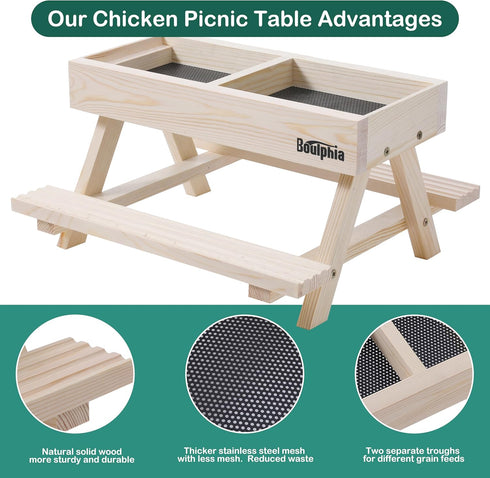 2 Boulphia Chicken Feeders and Waterers, Chicken Feeder No Waste Kit with Picnic Table and Water Feeder, Handmade