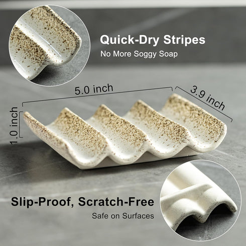 Soap Dish for Shower, Self Draining Bar Soap Holder for Shower, Ceramic Bathroom Soap Saver with Fluted Design
