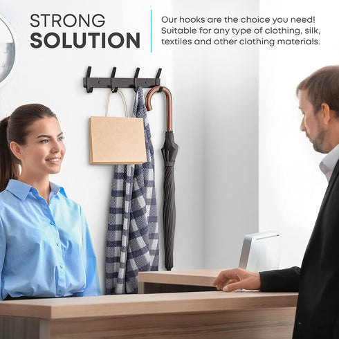 Matte Black Coat Rack Wall Mount, 12 Inch Stainless Steel Hook Rail with 4 Double Hooks for Entryway Organizer