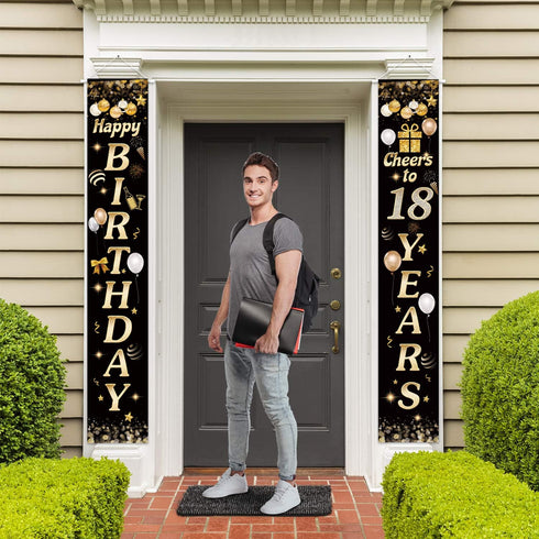 Happy Birthday Cheers to 18 Years Black Gold Yard Sign Door Banner for 18th Birthday Decorations Party Supplies