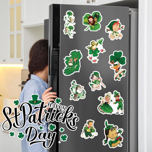 Whaline 16Pcs St. Patrick's Day Retro Refrigerator Magnets, Green Shamrock Decorative Fridge Stickers