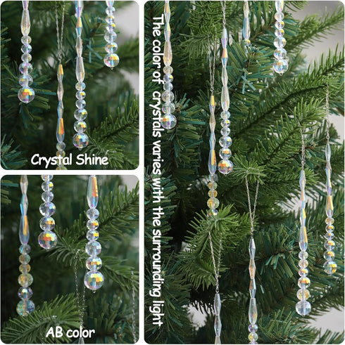 Lumiti 12pcs Crystal Icicle Christmas Tree Ornaments, Glass Beads Hanging Chandelier Pendants for Christmas Party