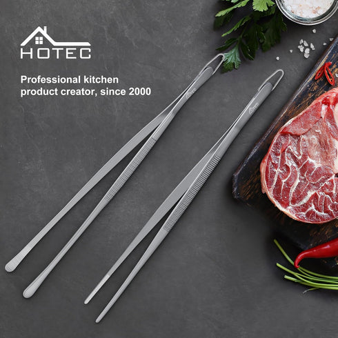 Hotec Stainless Steel Kitchen Tweezers, Professional Tongs for Cooking, Extra-Long Food Tweezers, Set of 2