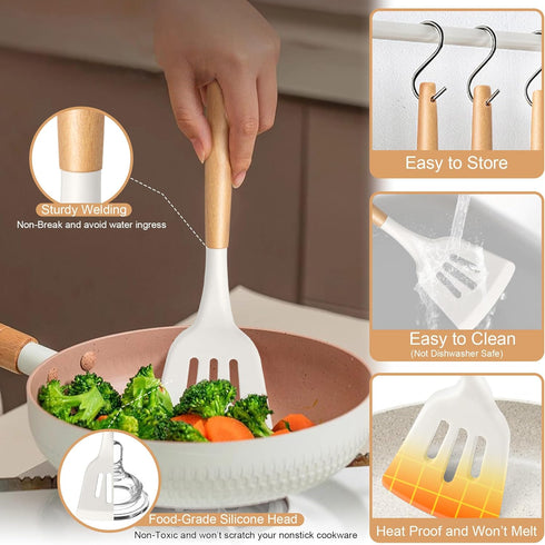 TeamFar Cooking Utensils Set, 12 Pcs Silicone Kitchen Gadgets for Nonstick Cookware, Wooden Handle Spatula Spoon