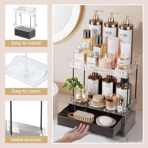 Delamu 2-Tier 2-Drawer Bathroom Organizer Countertop, Multi-Purpose Makeup Organizer, Elegant Black