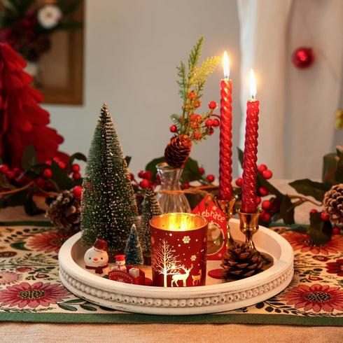 Counter Farmhouse Wood Tray Candle Holder - Romadedi Bead Round Wooden Decorative Tray for Coffee Table Decor Serving