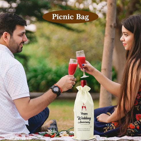 Omoojee 4 Pcs Wedding Anniversary Wine Bag, Flax Drawstring Couple Gift for Married Anniversary