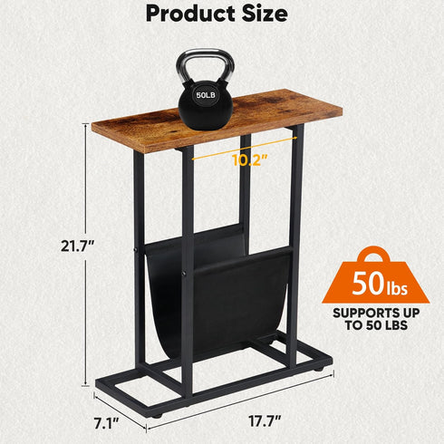 SUPER DEAL Side Table with Magazine Holder Sling, Narrow End Table Slim Nightstand Wood Look Accent Table with Metal