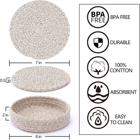 Trivets for Hot Dishes, Trivets for Hot Pots and Pans, 7 Inchs Hot Pads 4 Pcs and Storage Basket for Countertops, Pot Holders for Kitchen, Cotton Table Protector Hot Mats Heat Resistant (Brown) by Coga