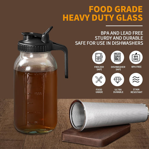 Cold Brew Coffee Maker Pitcher, 32oz Thick Glass Mason Jar with Spout Lid, Stainless Steel Filter for Iced Brew Coffee
