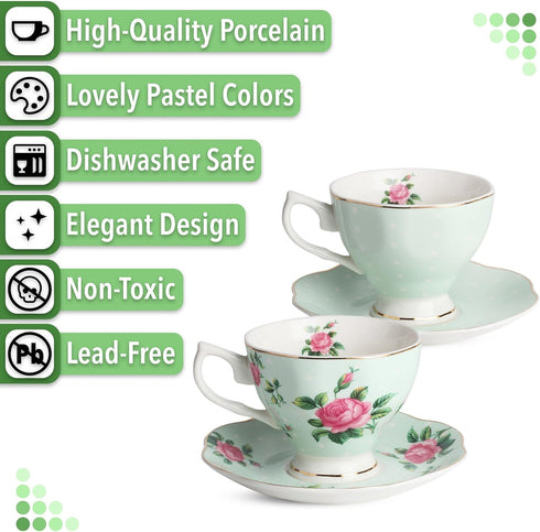 BTaT Floral Tea Cups and Saucers Set of 2, 8oz Coffee Cups with Gold Trim, British Tea Cups