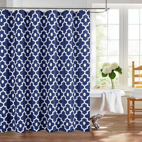 Biscaynebay Extra Long Textured Fabric Shower Curtains - 72" W x 84" L, Navy Morocco Pearl Printed Luxury Bathroom