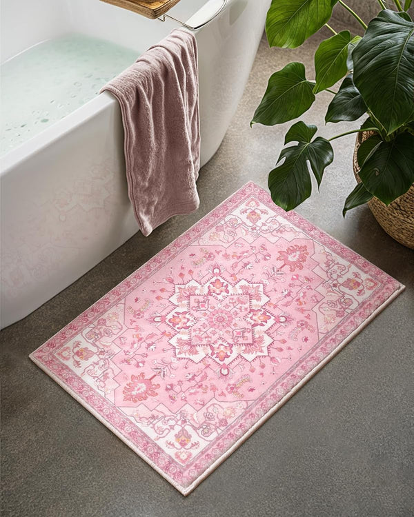 Seavish Vintage Non-Slip Washable Bathroom Rugs, 18"x26" Boho Tribal Soft Velvet Pink Accent Rug for Kitchen Sink