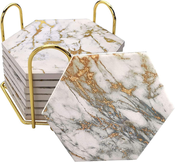 Coasters Set of 8 with Metal Holder Stand, Marble Design Ceramic Coaster