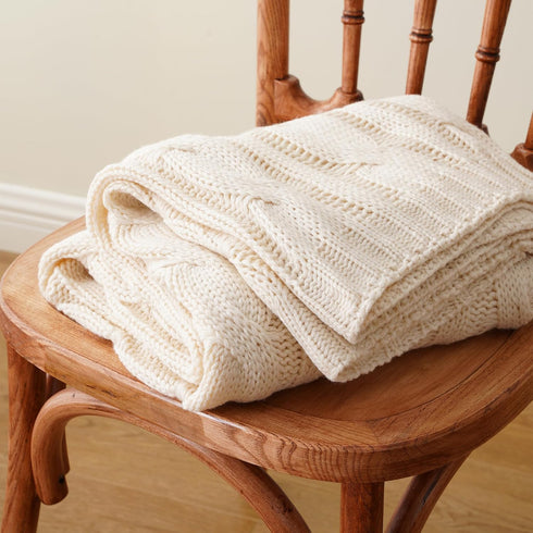 Battilo Cream Ivory Cable Knit Throw Blanket for Couch, Super Soft Warm Cozy Decorative Knitted Throw 50"x60"