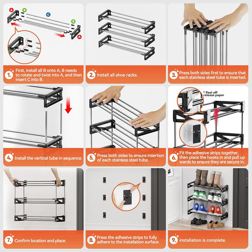 3 Tier Narrow Shoe Rack with Hook and Loop Sticky Adhesive Strips Shoe Shelf for Wall Mounted Slim Shoe Rack Space
