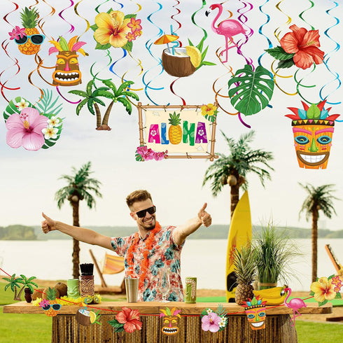 Outus 30 Pieces Hawaiian Luau Birthday Party Hanging Swirl Decorations, Tropical Palm Flamingo Foil Ceiling Decor