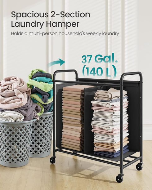 2-Section URLS210B01 SONGMICS Laundry Sorter, Laundry Hamper with Wheels, Rolling Clothes Hamper Cart with Large