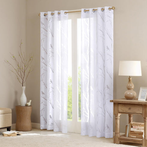 Madison Park Semi Sheer Single Curtain, 50x84, Grommet Top Botanical Print for Living Room, Bedroom, Bird White