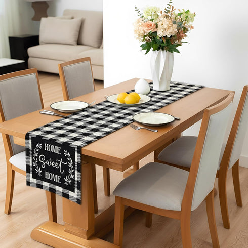 90 Inches (13x90) Buffalo Plaid Linen Table Runner Black and White Checkered Table Runners Long - Heat Resistant