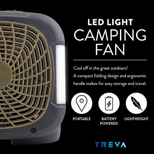O2COOL Treva 10 Inch Portable Fan with LED Lights - Battery Powered 2-Speed Camping Fan for Outdoors