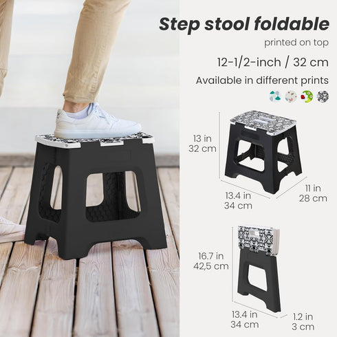 Vigar Compact Step Stool, Foldable 12-1/2-inch Non-Slip Stool for Adults up to 330 Pounds, Rococco Black