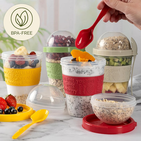 4 Pack 20 oz Crystalia On The Go Yogurt Parfait Cups with Lids & Spoons, Overnight Oats Containers/Jars, Oatmeal