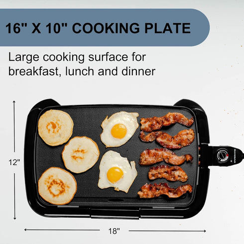 OVENTE Electric Griddle with 16 x 10 Inch Non-Stick Cooking Surface, Adjustable Thermostat for Indoor Grill - Black