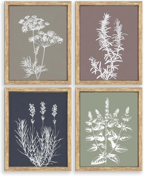 GUMEYJIA Boho Wall Art Set of 4 Framed Herb Prints Botanical White
