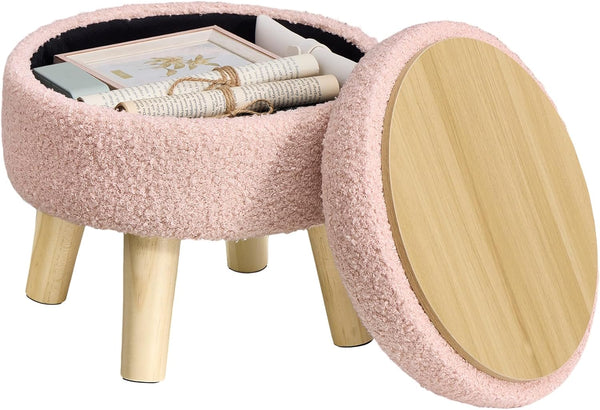 SONGMICS Storage Ottoman, Foot Stool, Round Ottoman with Padded Seat, Foot Rest