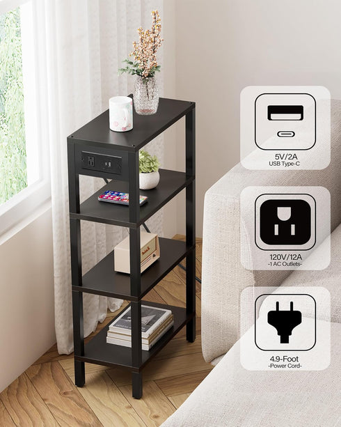 TB01BK080 TUTOTAK Narrow Side Table with Charging Station,Small End Table with USB Ports and Outlets, Skinny Sofa