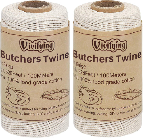 Vivifying Butchers Twine, 2pcs x 328 Feet 3Ply Cotton Food Safe Cooking String for Tying Meat, Sausage, Turkey