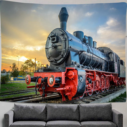 Sunset 71X60 Inches DYNH Steam Train Tapestry, Old Engine Train on Railroad Track Tapestries,Natural Scenery Sunrise