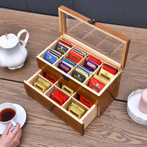 2-layer 14 WELLAND Wood Tea Bag Organizer, Storage Box with Clear Acrylic Window, Compartments Large Capacity Tea Bag