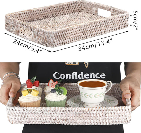 Hipiwe Rattan Serving Tray with Handles Handwoven Basket Tray for Storage Breakfast Dessert Fruit Decorative Tray