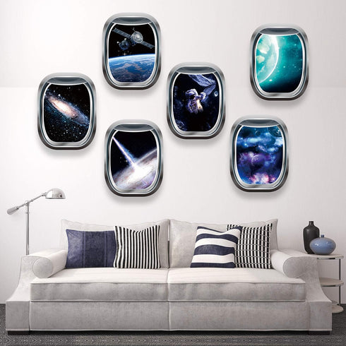 Blulu 6 Pieces 3D Space Capsule Window Wall Decor, Outer Space Wall Decals for Kids Nursery Bedroom