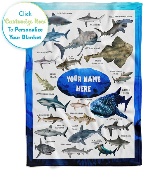 60x80) Personalized Shark Blanket for Kids - Ships Next Day and Made in USA - Soft Fleece Throw Bed, Cute Room Decor