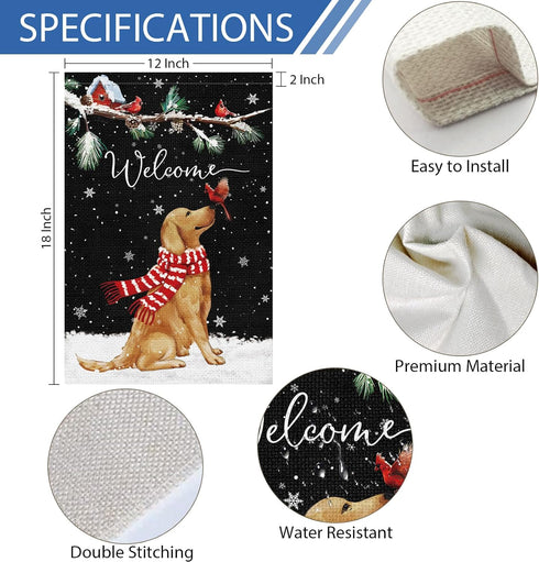 Welcome Winter Garden Flag 12x18 Inch Double Sided Burlap Golden Retriever Cardinal Yard Flags for Seasonal Christmas