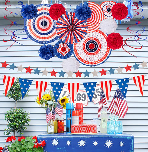 29PCS 4th of July Patriotic Decorations Set, Red White Blue Paper Fans, USA Flag Pennant, Star Streamer, Pom Poms,