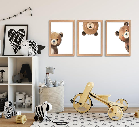 SEINEMBSC Framed Baby Bear Nursery Wall Art Peeking Bear Pictures Wall Decor Peekaboo Kids Room Decor Woodland Animal