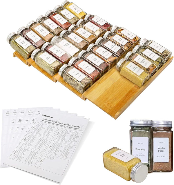 Spice Drawer Organizer with 28 Spice Jars and 216 Labels,Non-slip Rubber, Bamboo