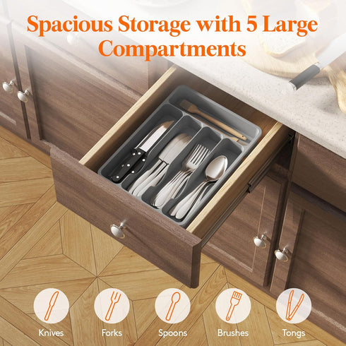 Lifewit Silverware Drawer Organizer Tray, Plastic Cutlery Storage for Kitchen Drawer, 5 Compartment Divider