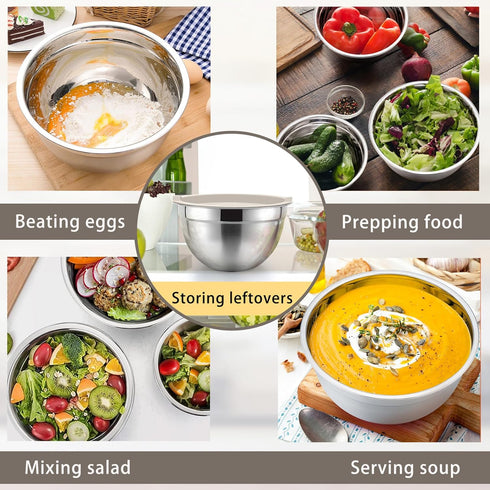 Khaki Mixing Bowls with Lids, Set of 5, P&P CHEF Stainless Steel Nesting Salad Bowls for Mixing & Storing