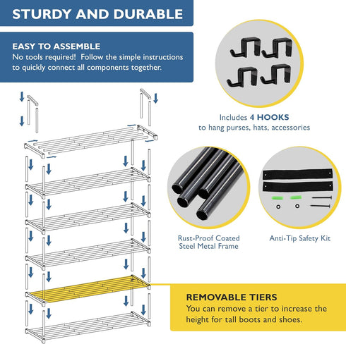 6 Closet, 30 Sundaze Shoe Rack - Tier Metal Shoe Rack for Front Door Entrance, Sturdy Tall Shoe Organizer for Bedroom